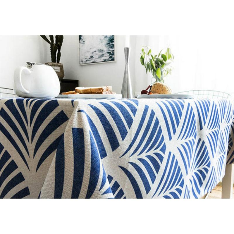 Tablecloth Party Table Cover Fabric Modern Geometric Blue Print Fashion Desk Decorate Heavy Linen Cotton Blend Textile