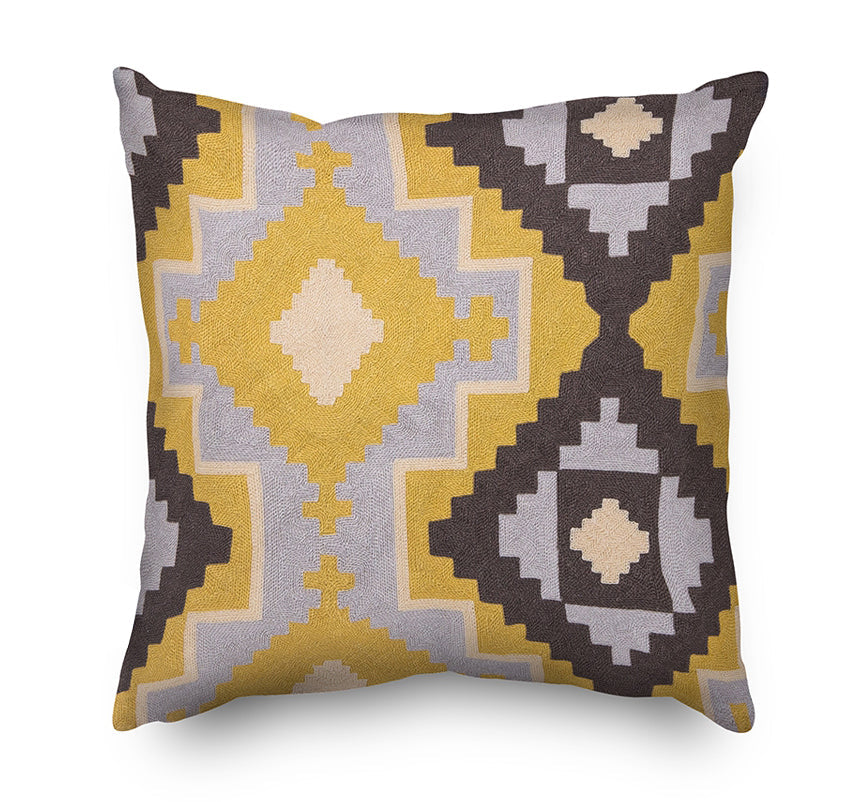 Geometric Pattern Embroidery Cushion Cover  - Grey and Yellow