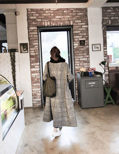 Tweed wool casual lattice Single-breasted long plaid coat