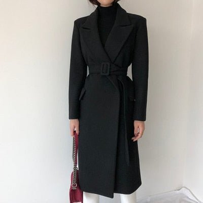 Wool Long Coat With belt lace Up Coats