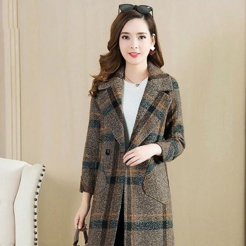 Plaid Woolen Suit Collar Double Breasted Slim Coats