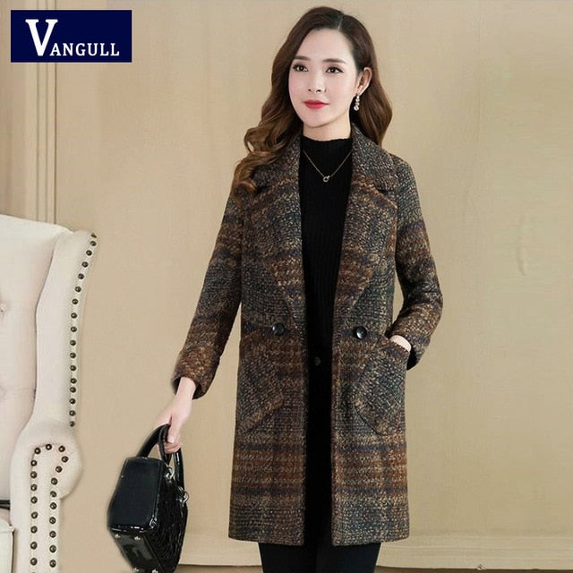 Plaid Woolen Suit Collar Double Breasted Slim Coats