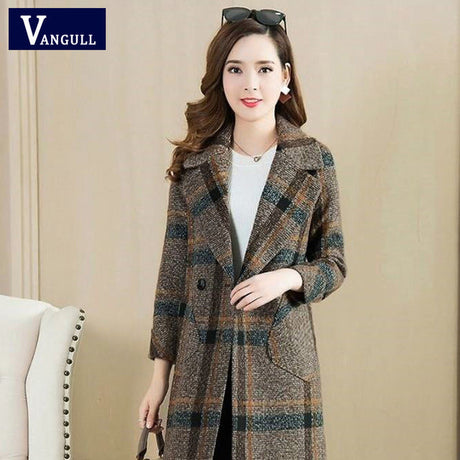 Plaid Woolen Suit Collar Double Breasted Slim Coats