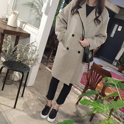 Thin Wool Blend Solid Turn-Down Collar Elegant Double Breasted Coat