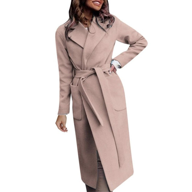 Wool Blend Long Sleeve Casual Loose Long Overcoat With Belt Coats