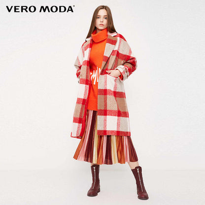 Waist Placket Decorated Long Plaid Wool Coat