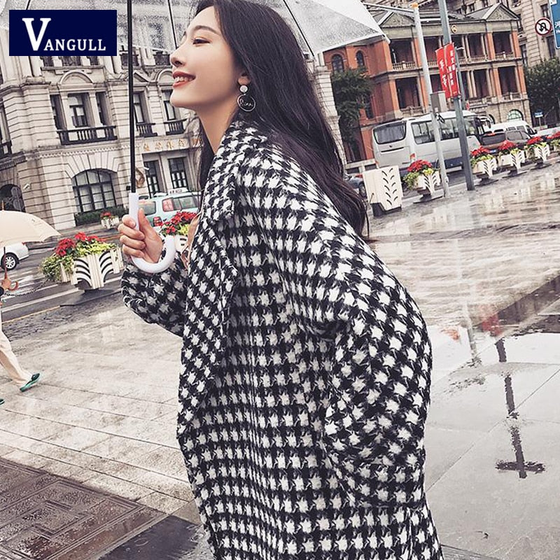 Plaid Wool Turn-down Collar Loose Thick Long coat