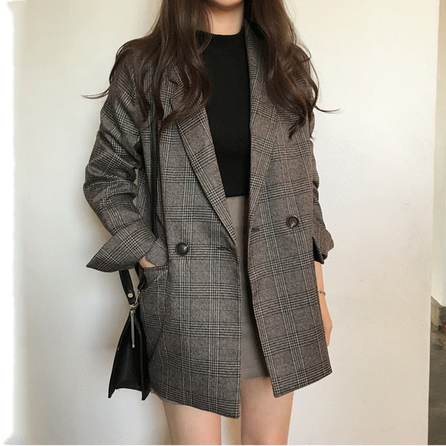 Plaid Double Breasted Pockets Formal Coat