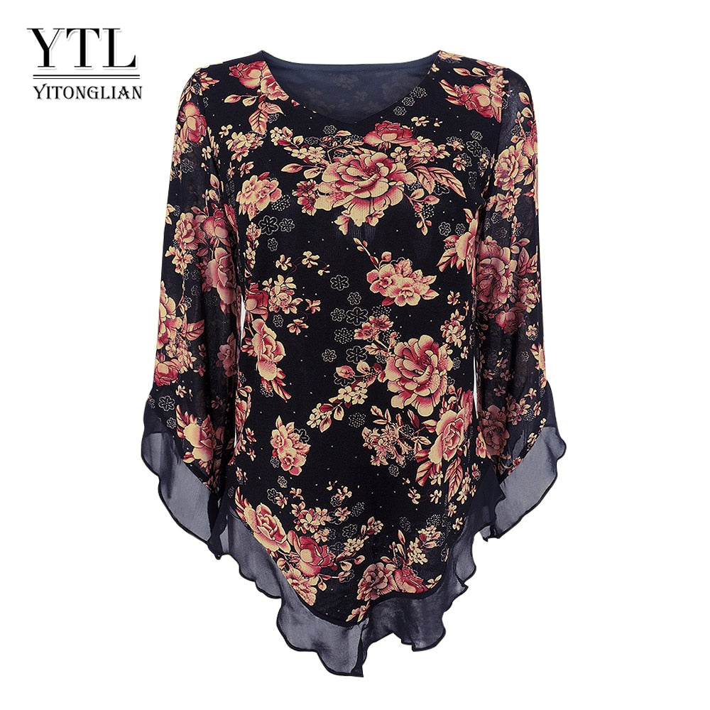 Floral Tunic Flare Sleeve Long Blouse