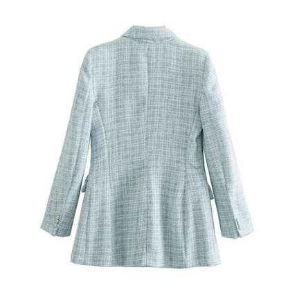Stylish Chic Blue Tweed Turn down Collar Double Breasted Pockets Coat