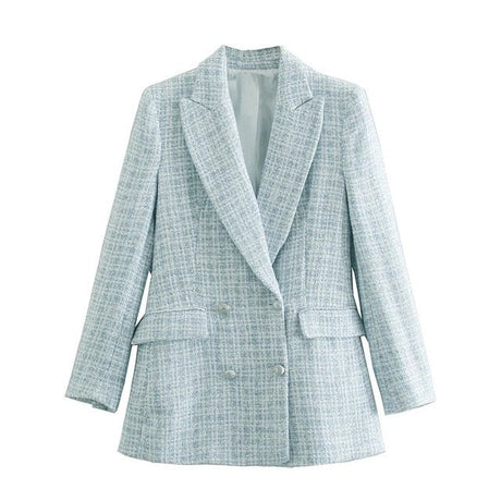Stylish Chic Blue Tweed Turn down Collar Double Breasted Pockets Coat