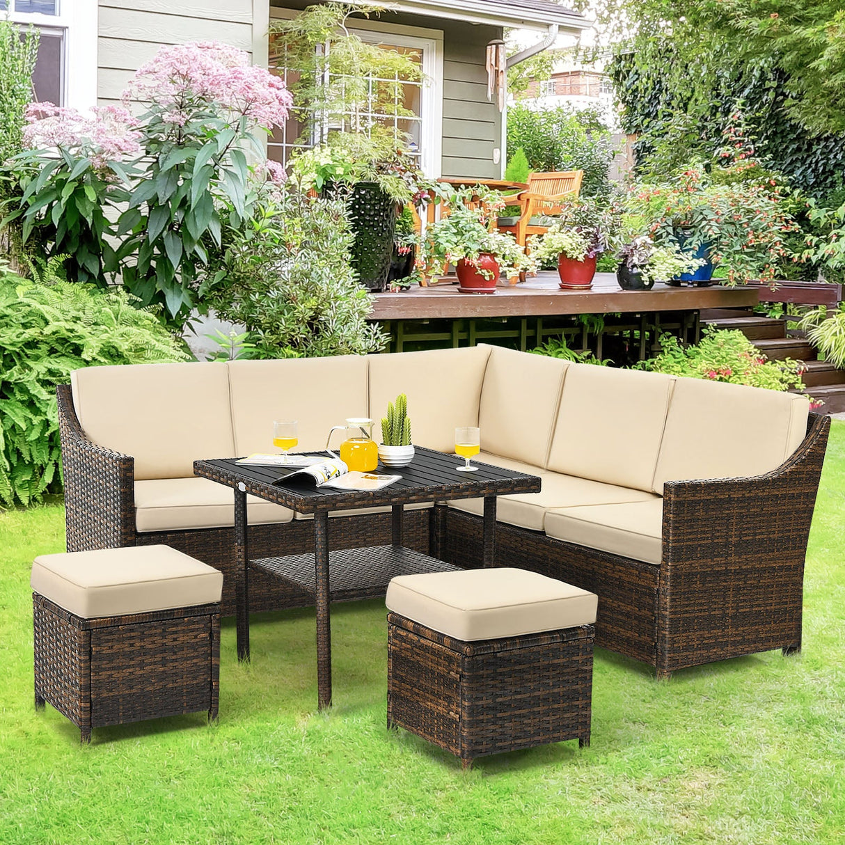 6 Piece Patio Rattan Dining Sofa Furniture Set