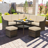 6 Piece Patio Rattan Dining Sofa Furniture Set