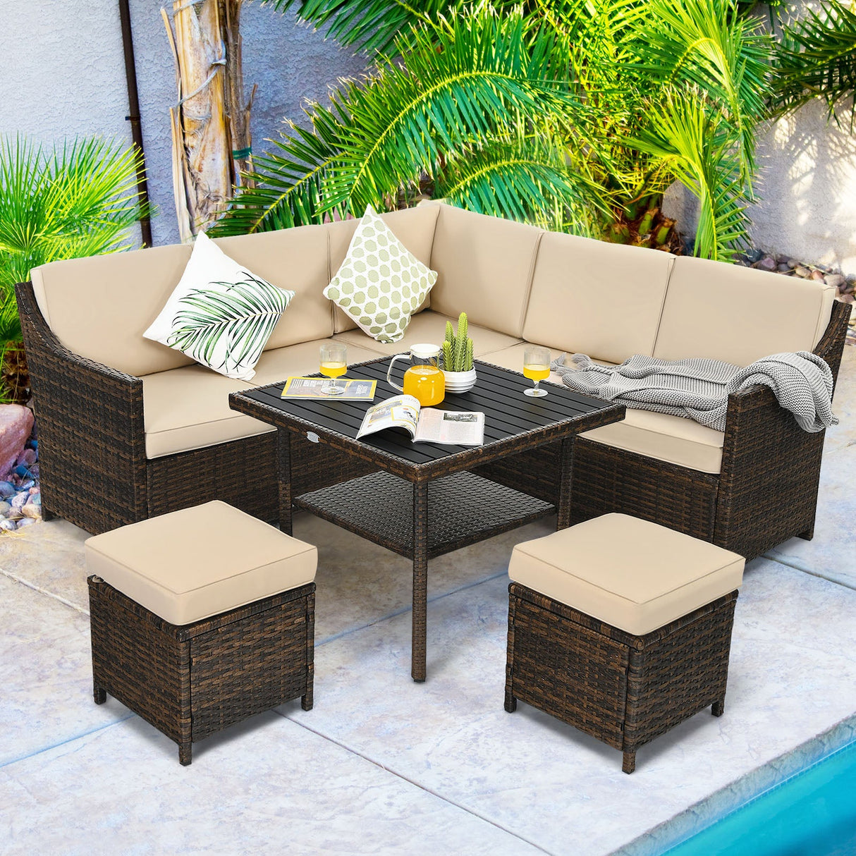 6 Piece Patio Rattan Dining Sofa Furniture Set