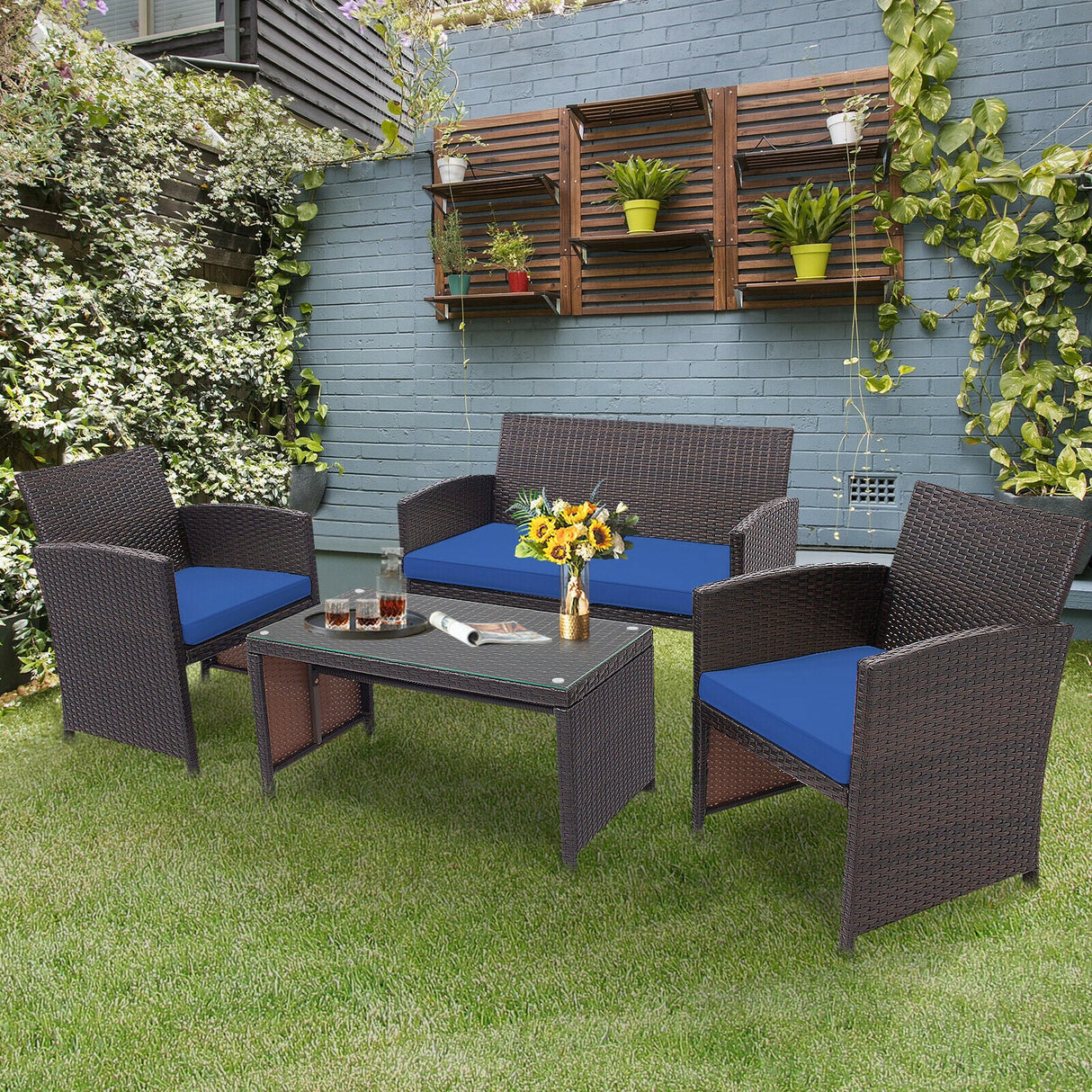 4 Piece Patio Rattan Cushioned Furniture Set