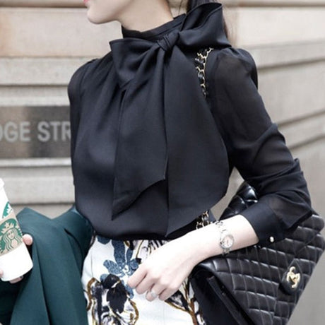 Chiffon Blouses Long Sleeve Bow Tie Collar