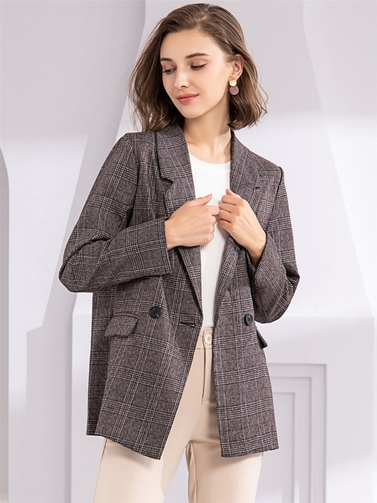 Plaid Double Breasted Pockets Formal Coat