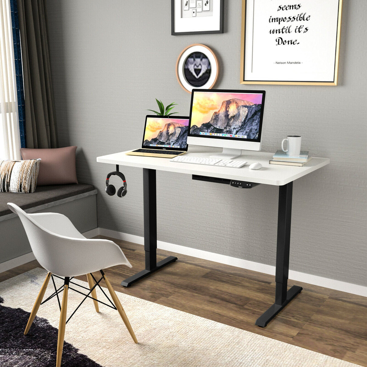 Costway Electric Standing Desk Sit to Stand Height Adjustable Dual Motor Black HW67380US-BK+HW68157WH-M