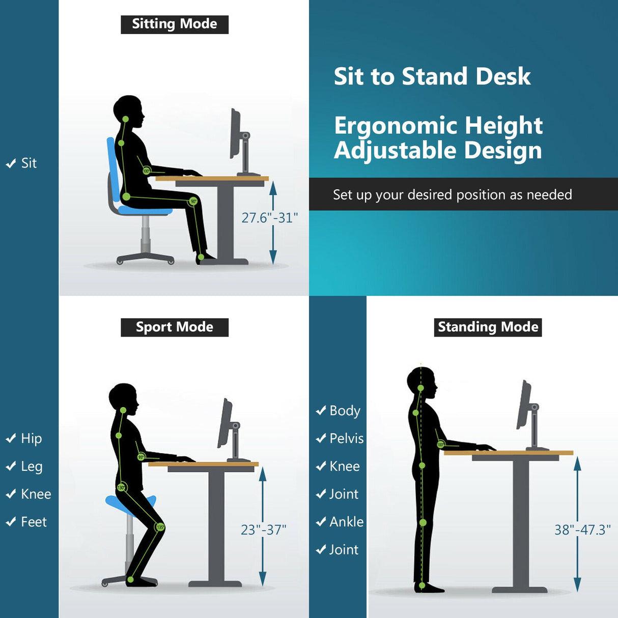 Costway Electric Standing Desk Sit to Stand Height Adjustable Dual Motor Black HW67380US-BK+HW68157WH-M