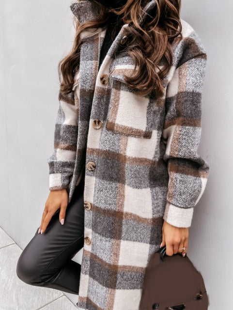 Plaid Printed Turn Down Collar Long Coat