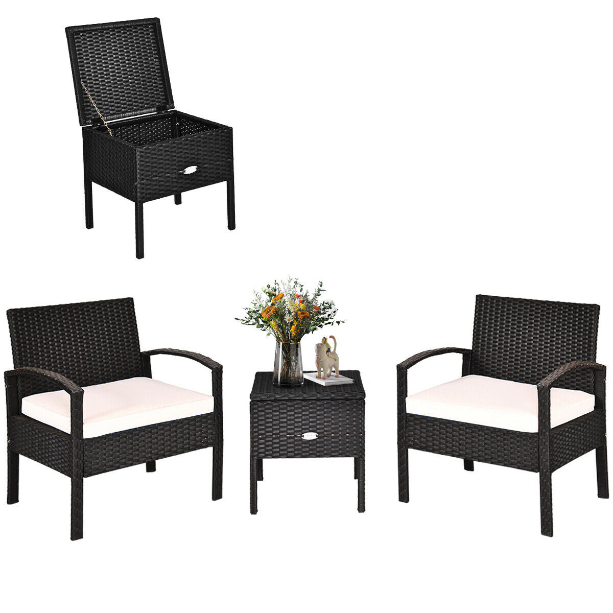 Patiojoy 3 Piece Patio Rattan Furniture Set with Storage Table