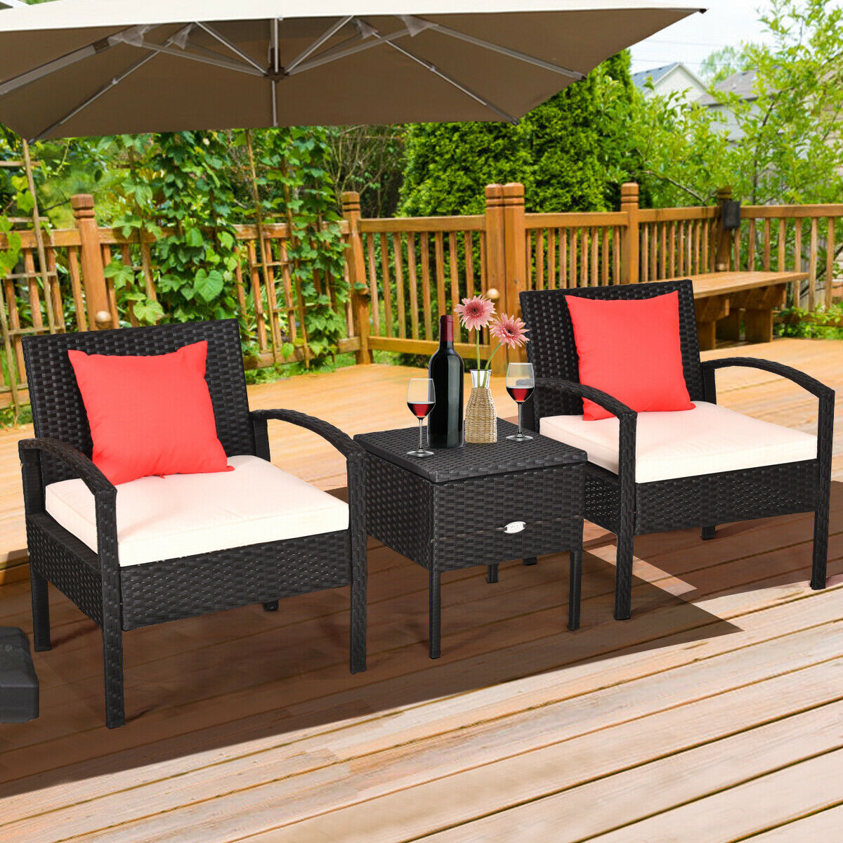 Patiojoy 3 Piece Patio Rattan Furniture Set with Storage Table