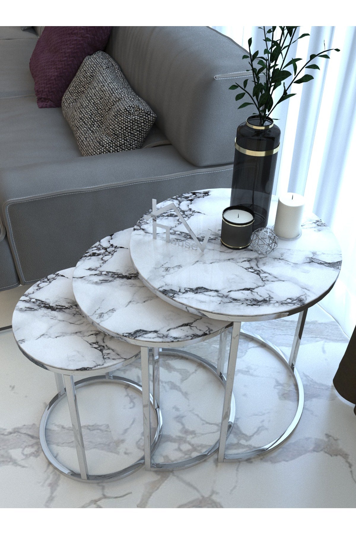 Silver White Marble Glass Coffee Tables (3pcs)