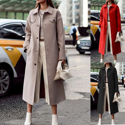 Solid Simple Elegant Turn down Collar Button Coats