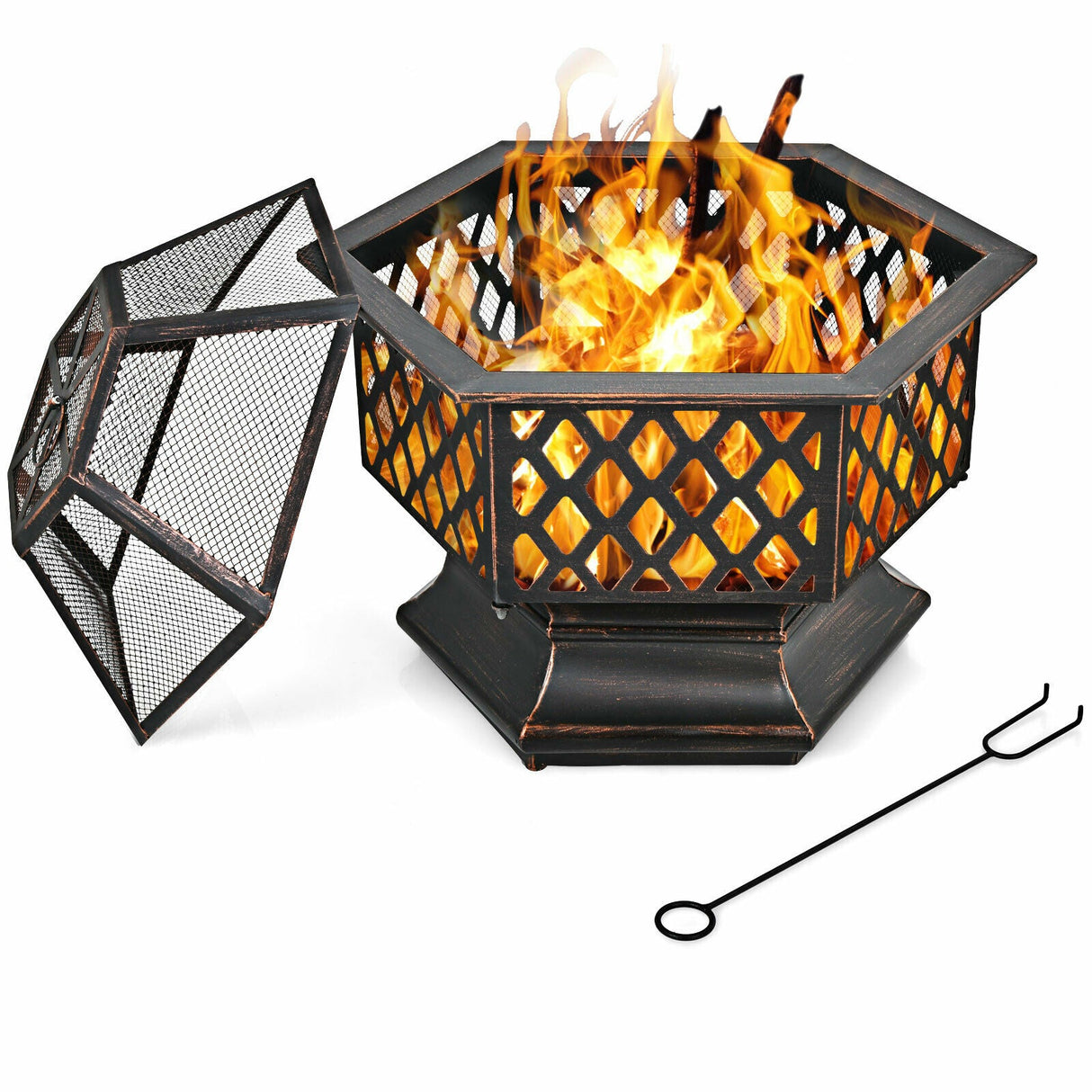 26’’ Outdoor Hex-shaped Fire Pit Wood Burning Bowl W/ Screen Cover and Poker