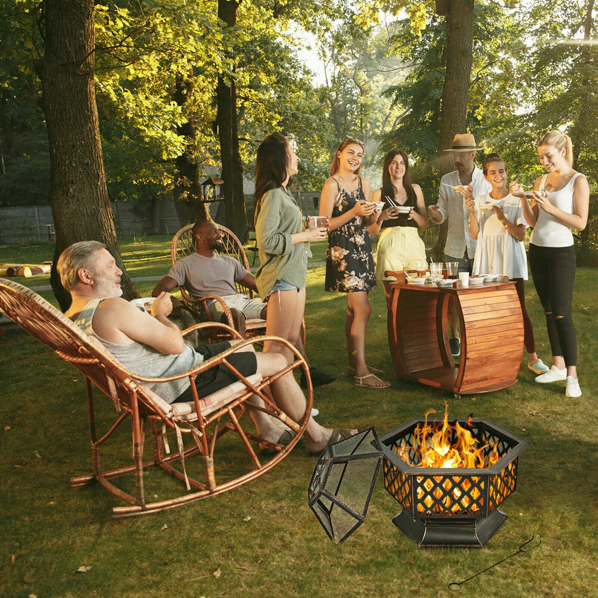 26’’ Outdoor Hex-shaped Fire Pit Wood Burning Bowl W/ Screen Cover and Poker