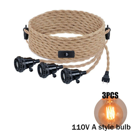 Industrial Vintage Style Hemp Cord Covered Power Cord With EU Plug Switch E27 Bulb Lamp Holder Cord Sets 3 Heads Chandelier