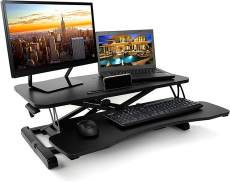 Black Adjustable Folding Standing Computer and Laptop Sit Stand Desk Converter Workstation with a Keyboard Tray