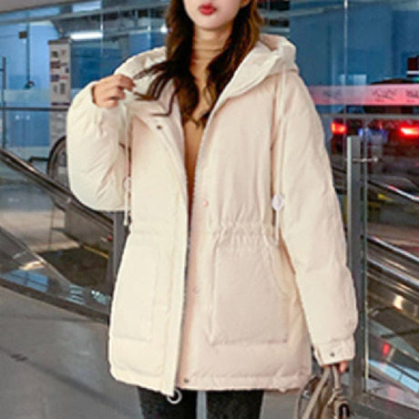 Solid Midi Thick Pocket Drawstring Waist Cotton Coat