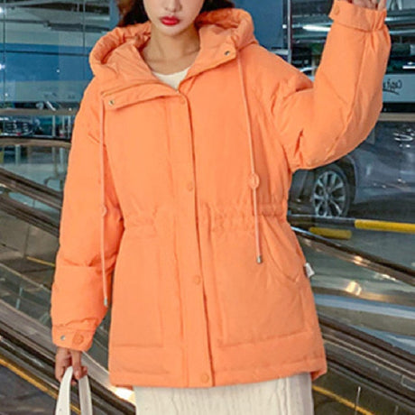 Solid Midi Thick Pocket Drawstring Waist Cotton Coat