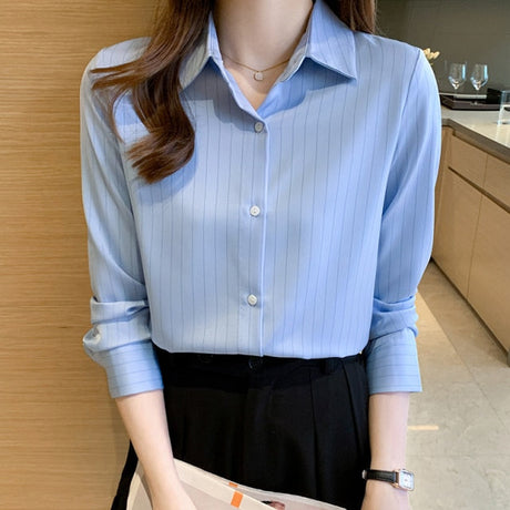 Striped Long Sleeve  Button Up Blouses