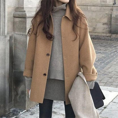 Wool Single Breasted Turn Down Causal Loose Coat