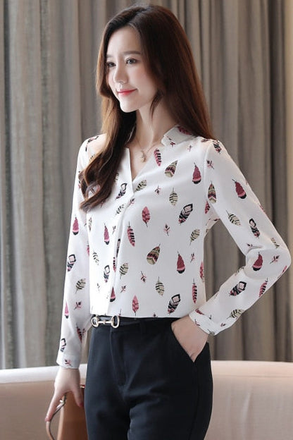 Print V neck Chiffon  Blouse