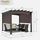 10 ft x 10 ft Patio Pergola Gazebo Sun Shade Shelter W/Retractable Canopy