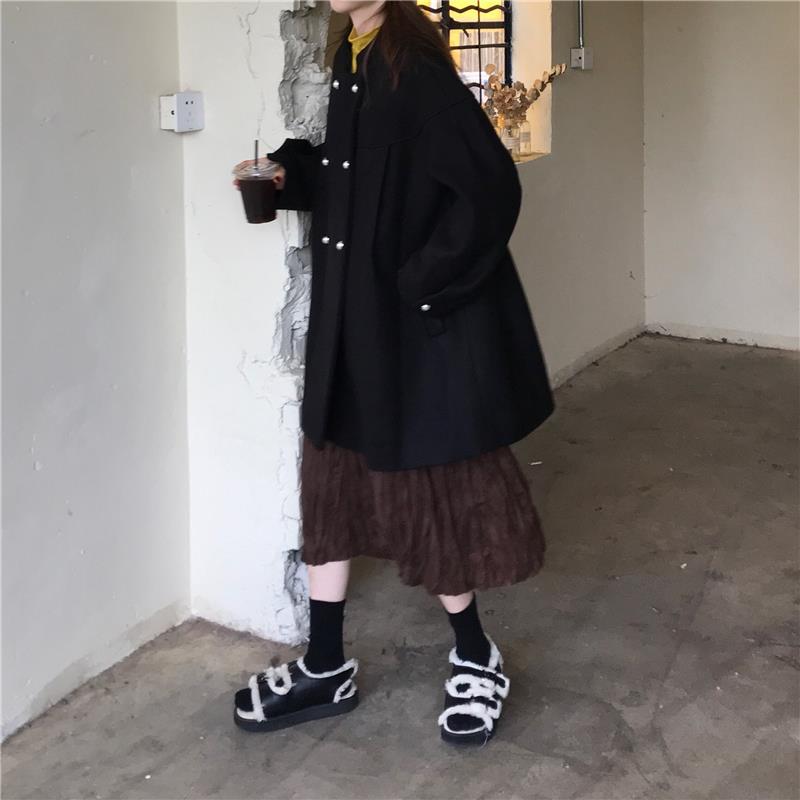 Wool Solid Double Breasted Loose  Long Sleeve  Coats