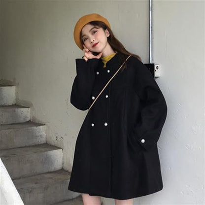 Wool Solid Double Breasted Loose  Long Sleeve  Coats