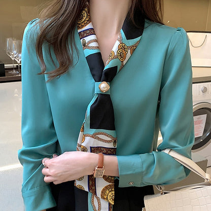 Elegant Office Bow Solid Chiffon V Neck Pullover Blouses