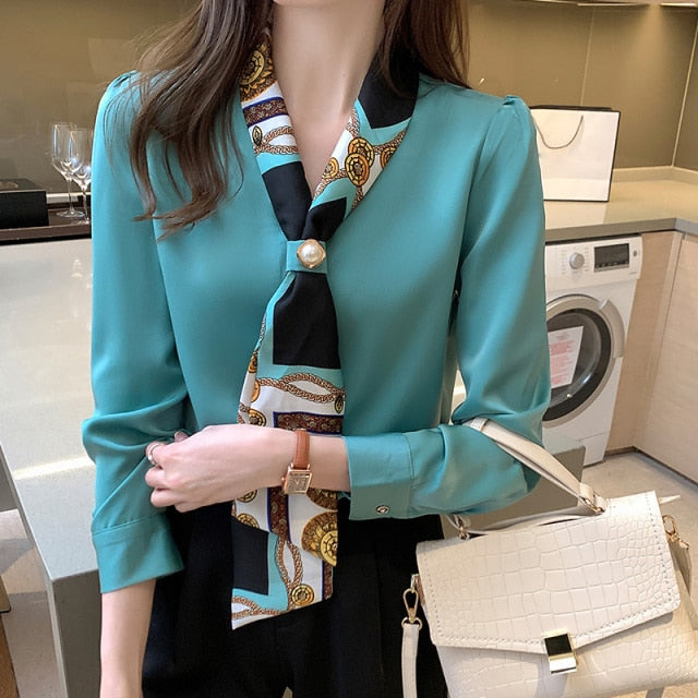 Elegant Office Bow Solid Chiffon V Neck Pullover Blouses