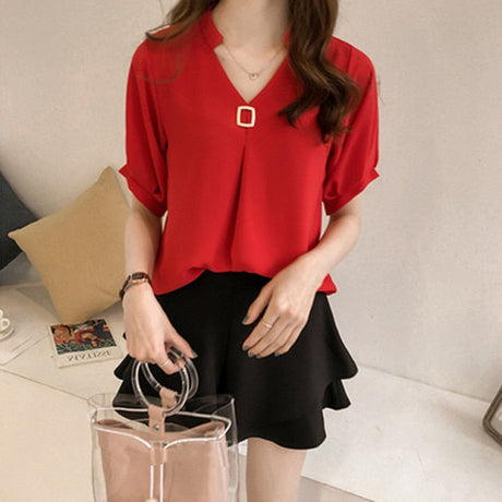 Solid Color V neck  Elegant Chiffon Slim Blouse
