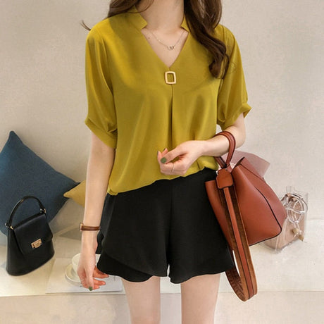 Solid Color V neck  Elegant Chiffon Slim Blouse