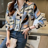 Vintage  printed chiffon  flower button  Blouses