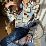 Vintage  printed chiffon  flower button  Blouses