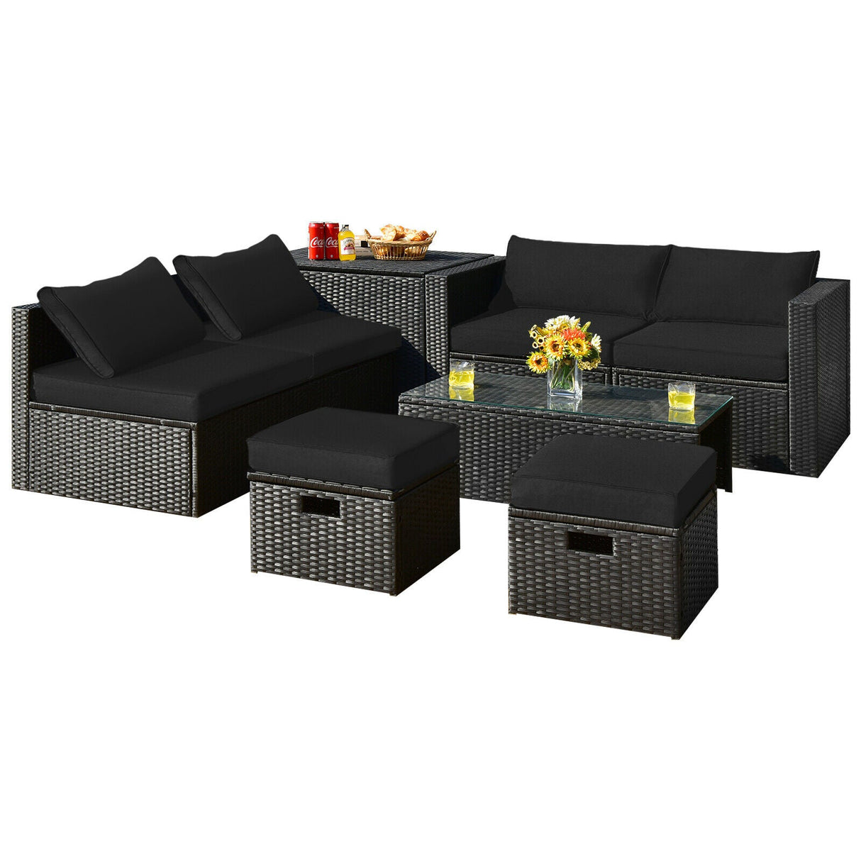 8 Piece Patio Rattan Furniture Set with Storage Table Ottoman