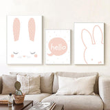 Kids Bunny Rabbit Hello Quote Gifts Girl Wall Art Canvas Decorative Pictures Poster Print Wall Art Room Kids Decor