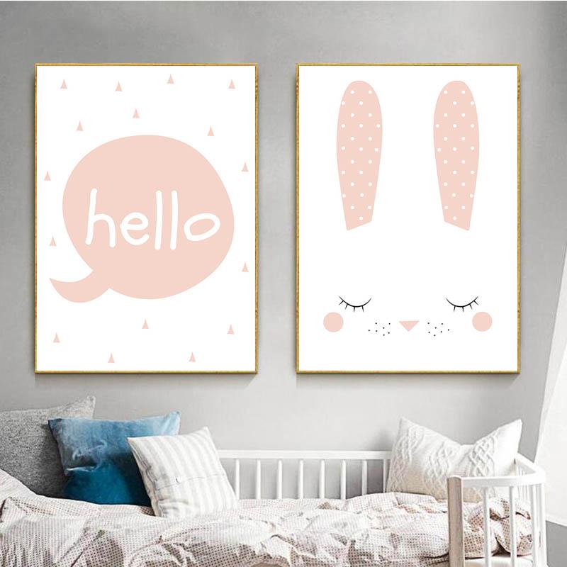 Kids Bunny Rabbit Hello Quote Gifts Girl Wall Art Canvas Decorative Pictures Poster Print Wall Art Room Kids Decor