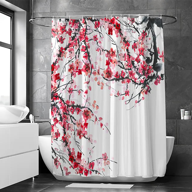 Feblilac Red Plum Chinese Painting Shower Curtain with Hooks, Bathroom Curtains with Ring, Unique Bathroom décor, Boho Shower Curtain, Customized Bathroom Curtains, Extra Long Shower Curtain